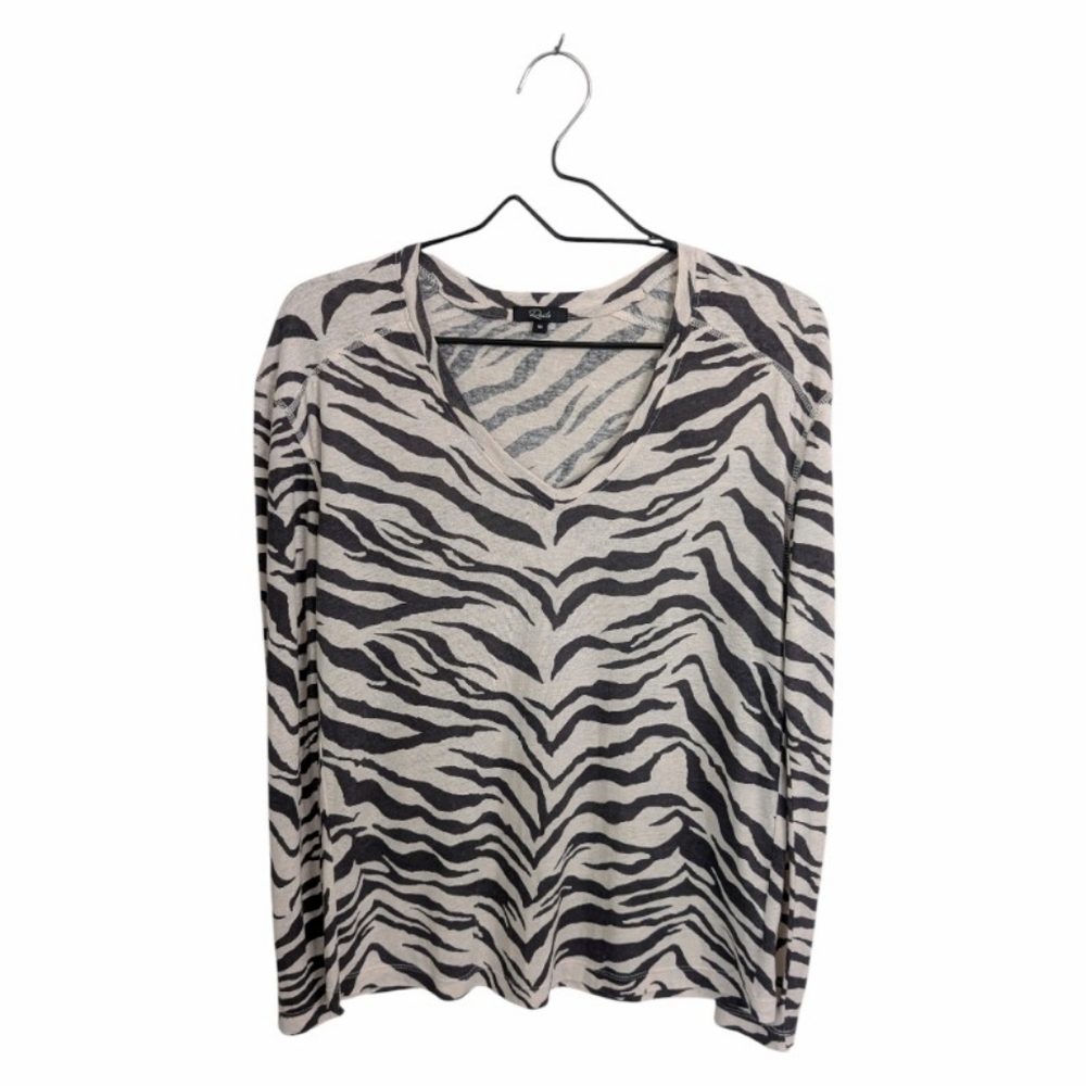 Rails Sami Ivory Tiger Striped Print Top Tee Linen Blend Long Sleeve Casual XS